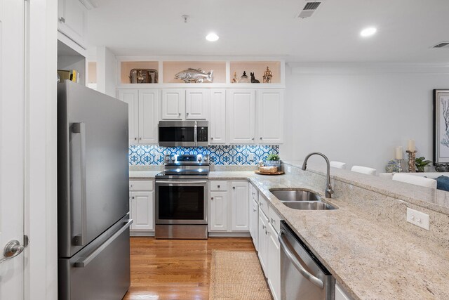 kitchen featuring backsplash, visible vents, a sink, white cabinets, and stainless steel appliances