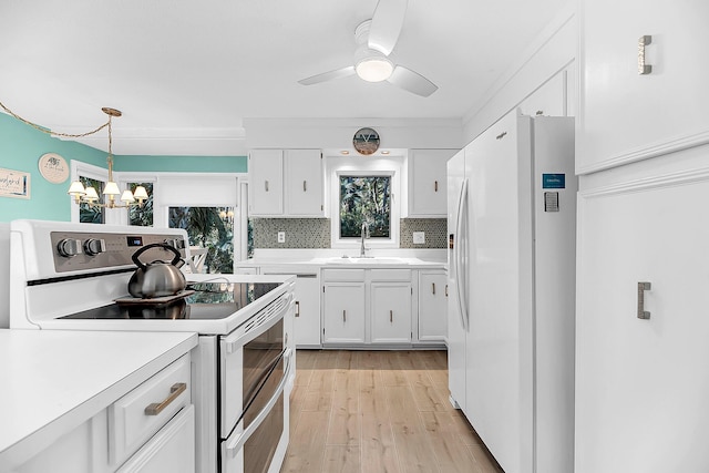 kitchen featuring white cabinetry, light hardwood / wood-style flooring, stainless steel electric range oven, and white fridge with ice dispenser