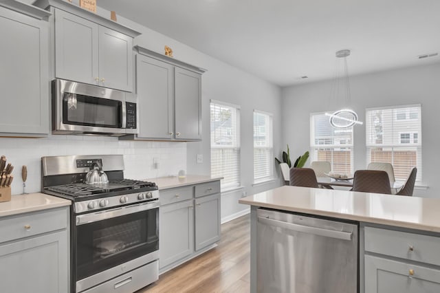 kitchen with gray cabinetry, light hardwood / wood-style flooring, pendant lighting, stainless steel appliances, and decorative backsplash