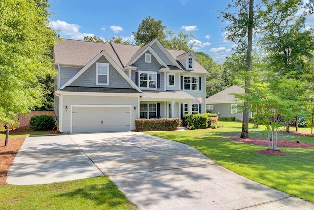 craftsman-style home featuring a garage and a front lawn