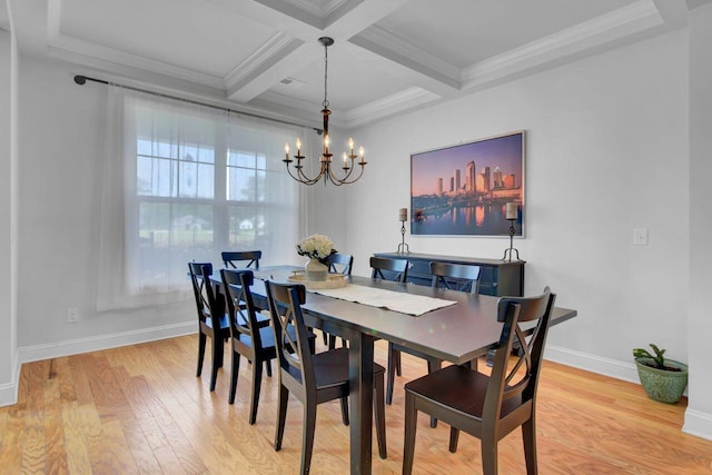 dining space with coffered ceiling, an inviting chandelier, crown molding, light wood-type flooring, and beam ceiling