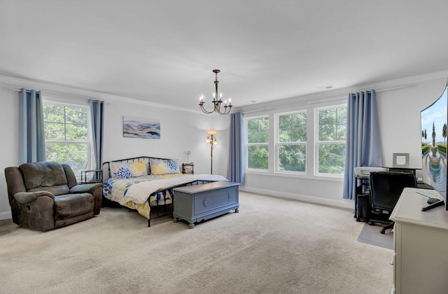 carpeted bedroom featuring a notable chandelier and ornamental molding