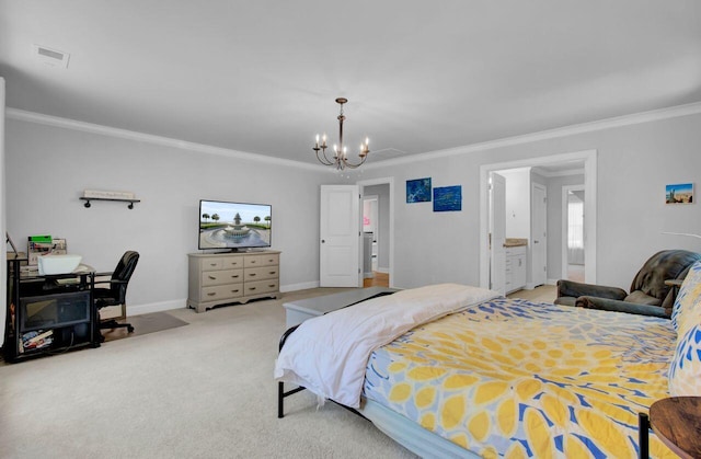 bedroom featuring light carpet, connected bathroom, an inviting chandelier, and ornamental molding