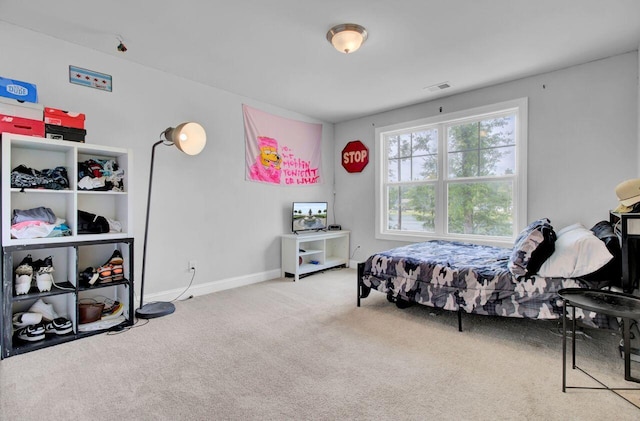 bedroom with light colored carpet