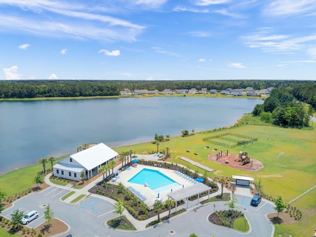 drone / aerial view with a water view