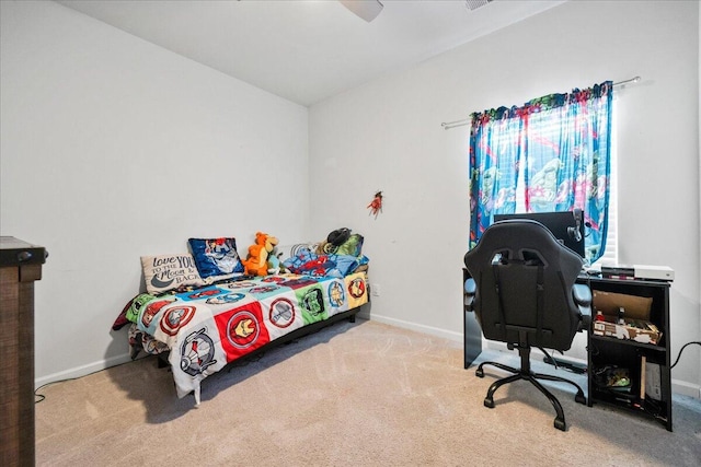 bedroom featuring light colored carpet