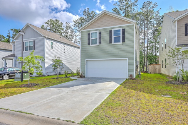 traditional home featuring a garage, a front lawn, and driveway
