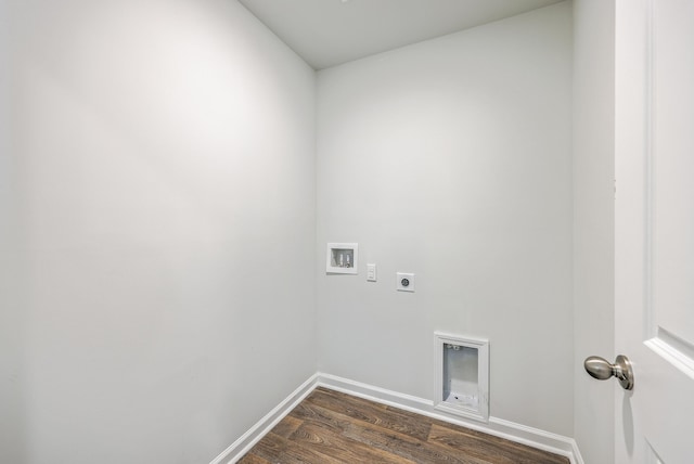 clothes washing area with hookup for an electric dryer, hookup for a washing machine, dark wood-style floors, and baseboards