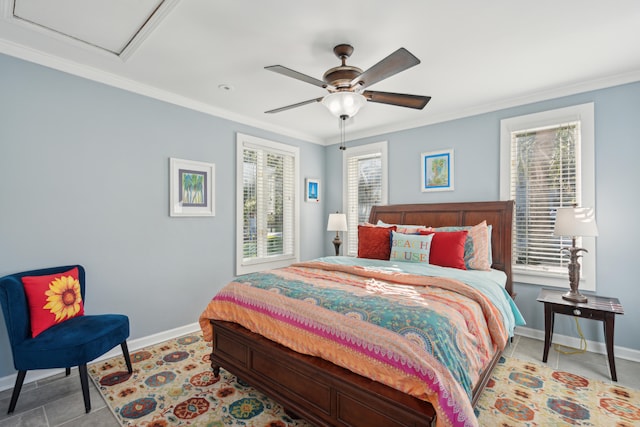 bedroom featuring ornamental molding, ceiling fan, and light tile patterned floors