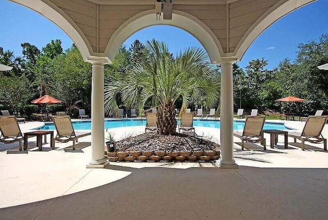 view of swimming pool featuring a patio