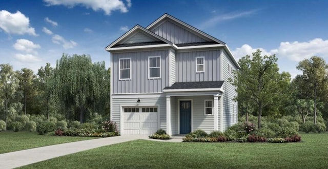 view of front facade featuring board and batten siding, an attached garage, driveway, and a front lawn