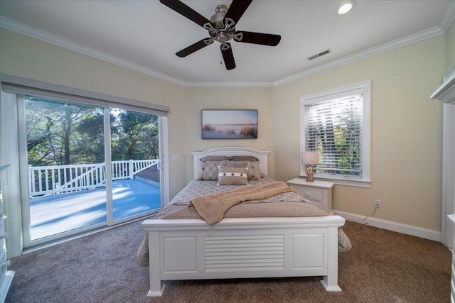 carpeted bedroom featuring access to exterior, ceiling fan, and crown molding