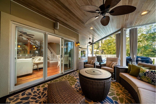 sunroom with wood ceiling