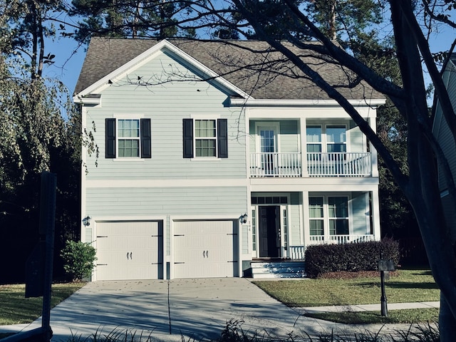 view of front of home with a balcony and a garage