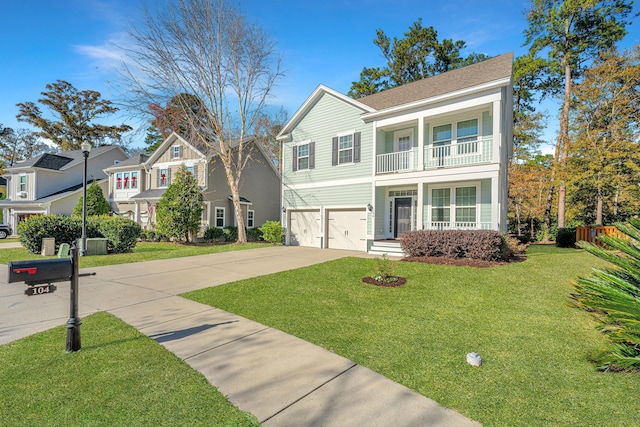 view of front property featuring a balcony, a garage, and a front lawn