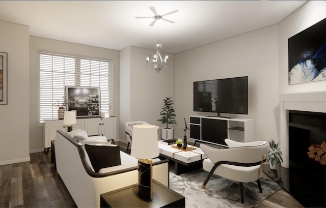 living room featuring dark wood-type flooring and ceiling fan with notable chandelier