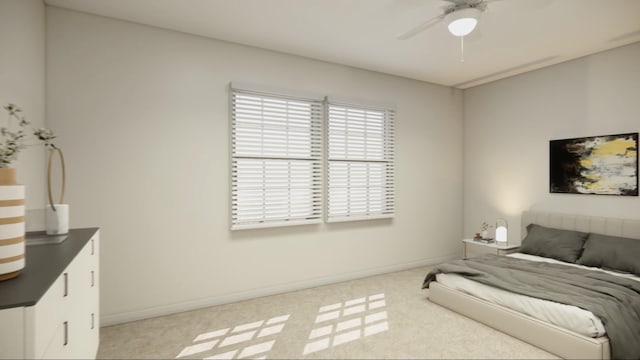 bedroom featuring light carpet and ceiling fan