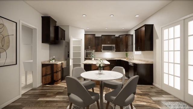 kitchen featuring french doors, dark hardwood / wood-style floors, black dishwasher, and dark brown cabinets