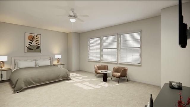 bedroom with ceiling fan and light colored carpet