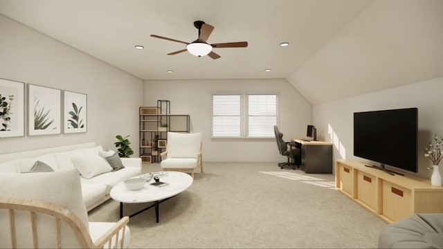 living room with vaulted ceiling, light carpet, and ceiling fan