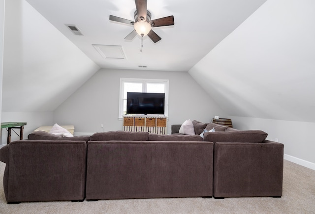 living room with light carpet, lofted ceiling, and ceiling fan