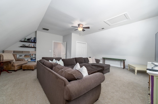 carpeted living room featuring lofted ceiling and ceiling fan