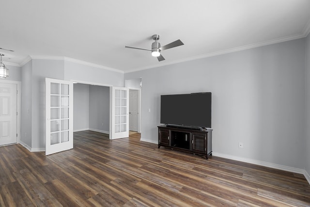 130 River Landing Dr Unit 4102, Charleston, SC 29492 - unfurnished living room featuring french doors, dark wood-type flooring, a ceiling fan, baseboards, and ornamental molding