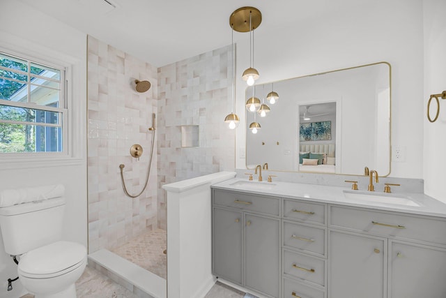 bathroom featuring a sink, toilet, double vanity, and a walk in shower