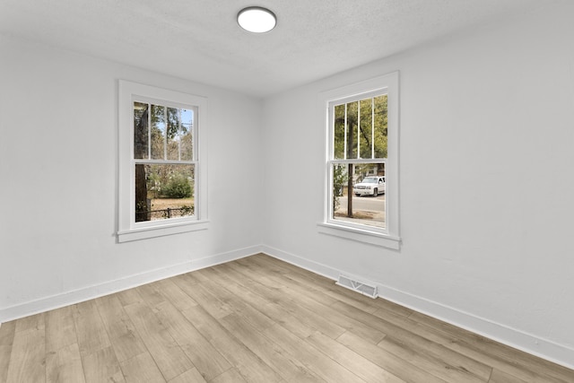 unfurnished room featuring plenty of natural light, light hardwood / wood-style flooring, and a textured ceiling