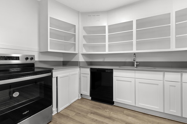 kitchen featuring sink, white cabinetry, stainless steel electric range, light wood-type flooring, and dishwasher