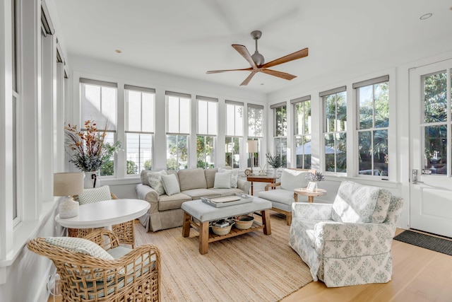 sunroom featuring ceiling fan