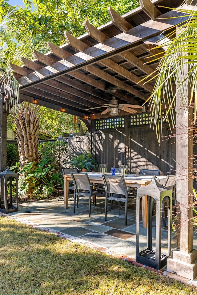 view of patio / terrace featuring ceiling fan and a pergola