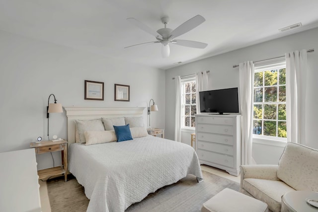 bedroom featuring ceiling fan and multiple windows