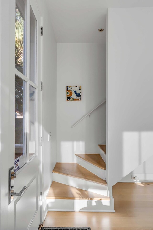 staircase with hardwood / wood-style flooring