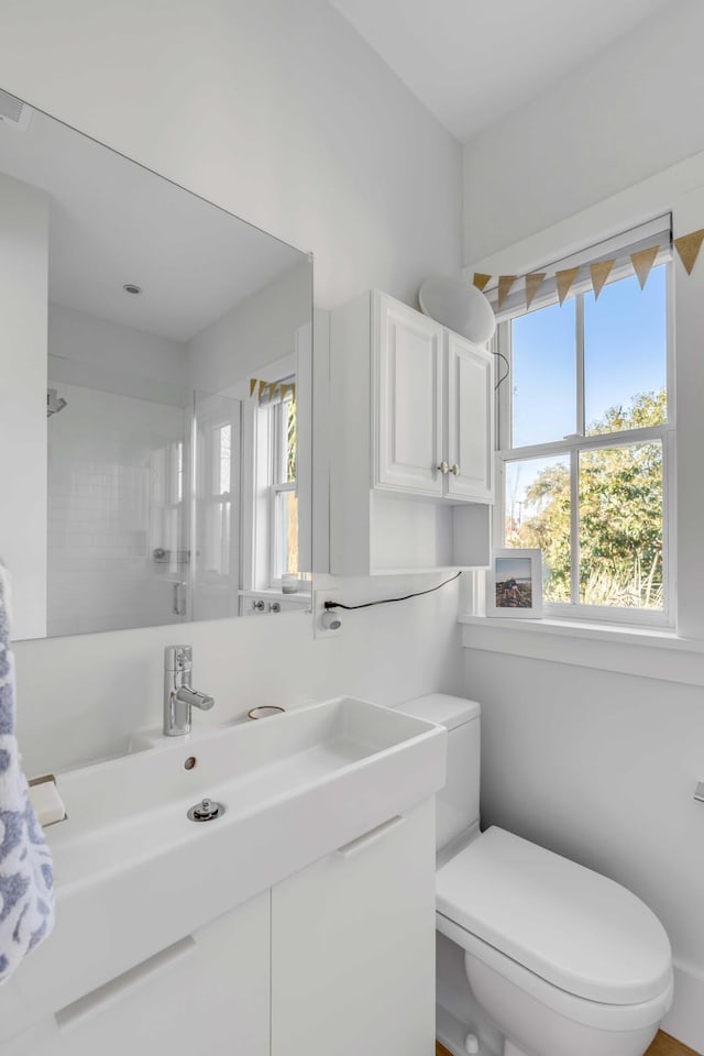 bathroom featuring toilet, vanity, and walk in shower