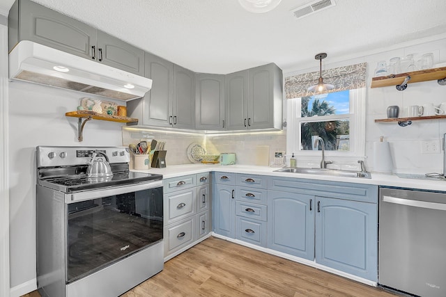 kitchen featuring sink, appliances with stainless steel finishes, backsplash, hanging light fixtures, and light hardwood / wood-style floors