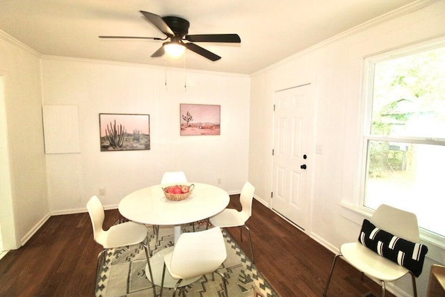 dining space with ornamental molding, dark hardwood / wood-style flooring, ceiling fan, and a healthy amount of sunlight