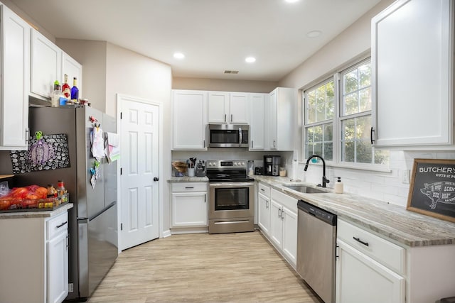 kitchen featuring sink, white cabinetry, backsplash, stainless steel appliances, and light stone countertops