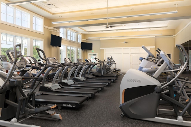 workout area with a high ceiling