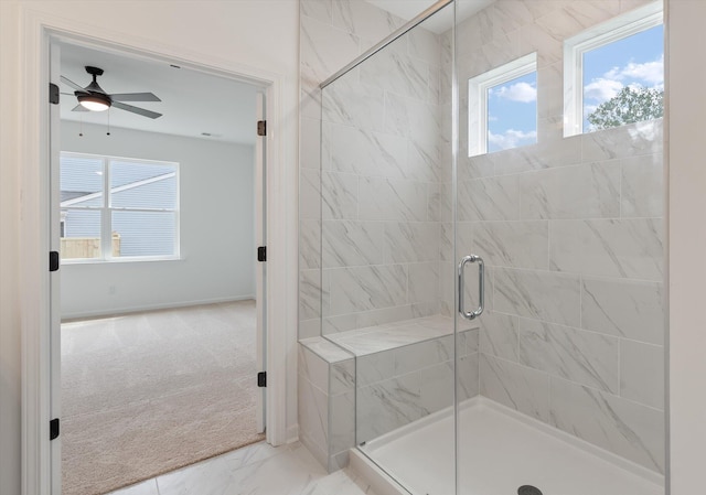 351 Blue Oak Dr, Moncks Corner, SC 29461 - full bath with a stall shower, marble look tile flooring, a ceiling fan, and baseboards
