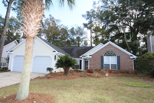 ranch-style house with a front yard and a garage