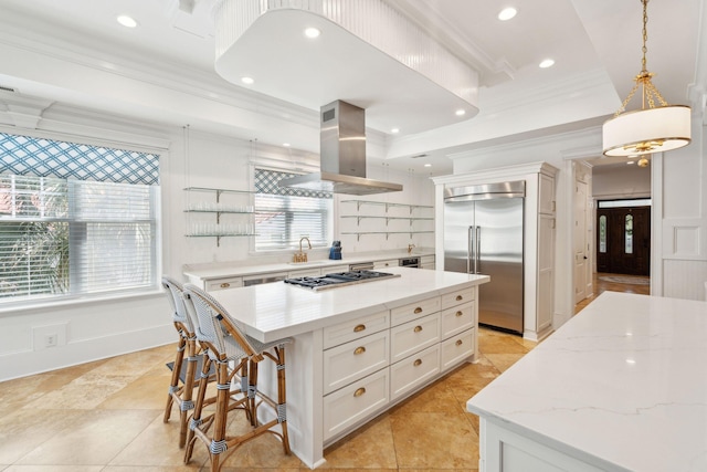 3 Cross Ln, Isle Of Palms, SC 29451 - kitchen with stainless steel appliances, island exhaust hood, a center island, crown molding, and white cabinets