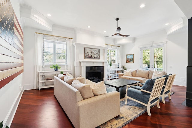 3 Cross Ln, Isle Of Palms, SC 29451 - living area featuring ornamental molding, a ceiling fan, a fireplace, recessed lighting, and dark wood-style flooring
