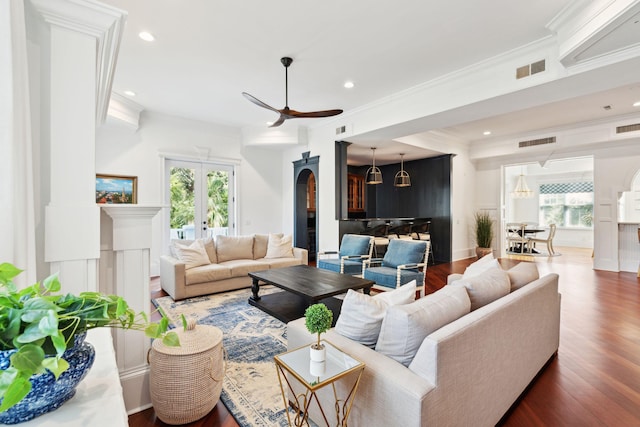 3 Cross Ln, Isle Of Palms, SC 29451 - living area featuring recessed lighting, a ceiling fan, ornamental molding, wood finished floors, and french doors
