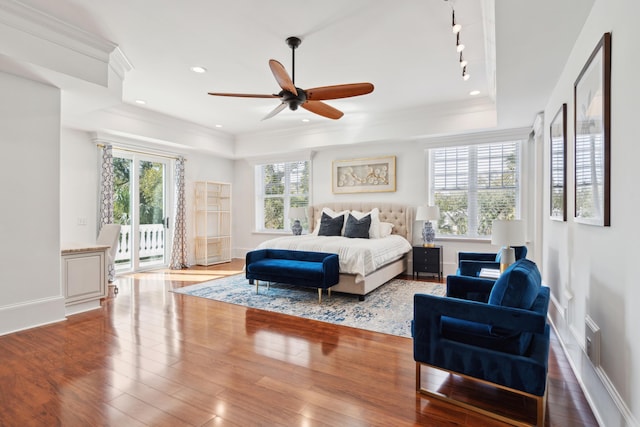 3 Cross Ln, Isle Of Palms, SC 29451 - bedroom featuring access to outside, wood finished floors, baseboards, crown molding, and ceiling fan