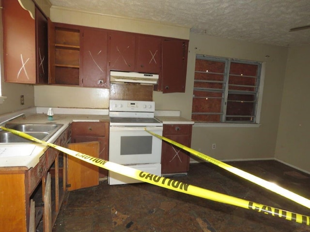 kitchen with sink, a textured ceiling, and white electric stove