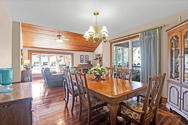 dining room featuring vaulted ceiling, wood ceiling, a textured ceiling, dark hardwood / wood-style flooring, and ceiling fan with notable chandelier