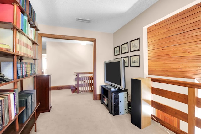 living area featuring light colored carpet and a textured ceiling