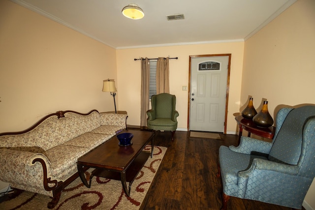 living room with crown molding and wood-type flooring