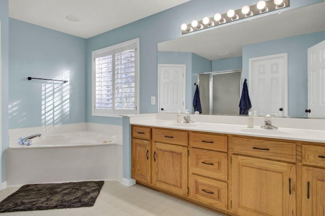 bathroom featuring vanity and plus walk in shower